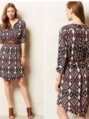 HOLDING HORSES Anthropologie Geometric Print V-Neck Mini Dress